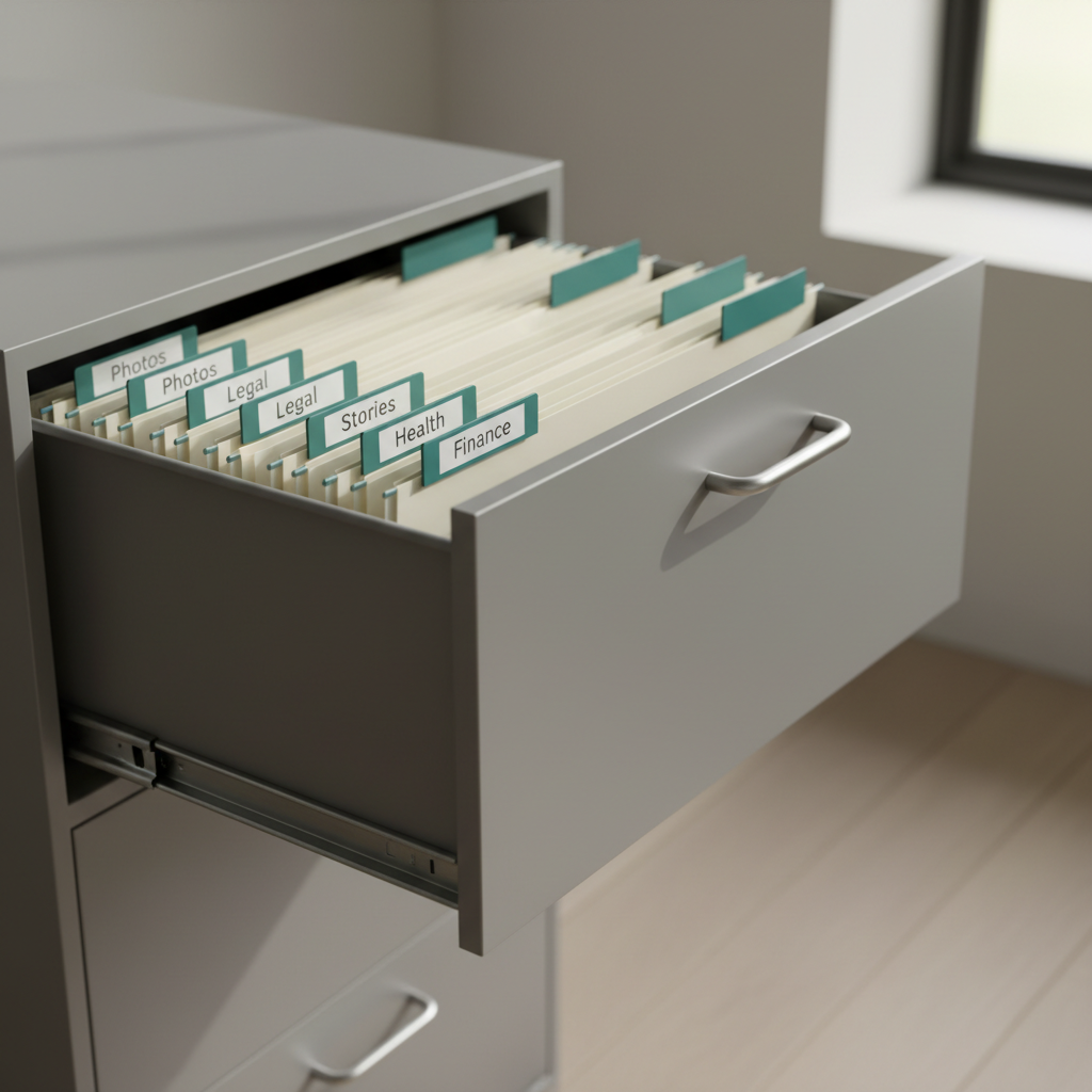 A modern, matte-silver filing cabinet drawer smoothly pulled open, revealing perfectly aligned hanging folders labeled “Photos,” “Legal,” “Stories,” “Health,” and “Finance” in clear, clean typography. Each folder protrudes slightly for easy visibility, with color-coded tabs creating a subtle gradient. The cabinet stands against a softly blurred, light-neutral wall in a minimalist home office. Natural afternoon light from the right side window casts soft linear shadows inside the drawer, highlighting textures of paper and metal rails. Photographic realism at a slightly elevated, three-quarter angle, with a sharp focus on the folder labels and gentle depth falloff toward the back of the drawer. The mood is reassuringly professional and methodical, underscoring the structured organization of multi-generational family information.