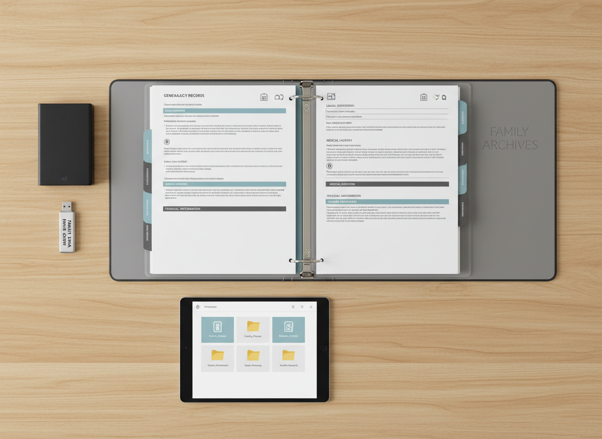 A high-resolution flat lay of a large, open three-ring binder on a smooth light oak table, filled with neatly printed and tabbed family documents in clear sheet protectors. Around the binder are a closed external hard drive, a labeled USB key, and a slim, modern tablet displaying an organized folder structure. Soft overhead studio lighting evenly illuminates the scene, creating minimal shadows and crisp clarity of every edge. The color palette is neutral and professional, with subtle blues and grays in the tabs. Photographic realism with top-down, bird’s-eye composition, balanced layout, and ample negative space for text overlay in a website header. The atmosphere is calm, efficient, and trustworthy, emphasizing well-managed digital and physical family resources.