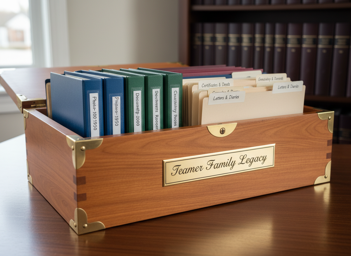 A meticulously organized, heirloom-quality wooden storage box with brass corner protectors and an engraved metal plate reading “Teamer Family Legacy,” resting on a clean, dark walnut desk. The box is partially open, revealing neatly labeled, color-coordinated binders and archival folders. Soft, diffused daylight from an unseen window to the left creates gentle reflections on the brass and subtle shadows along the grain of the wood. In the blurred background, a tidy bookshelf with uniformly arranged albums conveys order and continuity. Photographic realism, eye-level composition with a slight three-quarter angle, sharp focus on the box, shallow depth of field behind it. The mood is professional, organized, and respectful, evoking trust and stability in shared family resources.